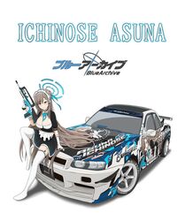  apron assault_rifle asuna_(blue_archive) black_dress blue_archive breasts bullpup car character_name cleavage copyright_name dress famas female garter_straps gun halo head_tilt highres holding holding_gun holding_weapon itasha maid maid_headdress medium_breasts motor_vehicle nissan nissan_skyline nissan_skyline_r34 rifle shadow sitting solo spoiler_(automobile) thighhighs vehicle_focus weapon white_apron white_background white_thighhighs yukari_gohan_(yukar1bp5a) 