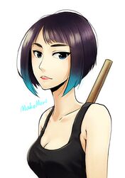  bad_id bad_pixiv_id bare_shoulders black_hair black_shirt blue_eyes blue_hair bob_cut breasts character_name commentary_request english_text female gradient_hair kamichi_ka looking_at_viewer mako_mori medium_breasts multicolored_hair pacific_rim shirt short_hair simple_background solo staff white_background 