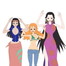  3girls animated animated_gif black_hair blue_eyes boa_hancock bouncing_breasts breasts brown_eyes cleavage eyewear_on_head female female_only glasses_on_head hourglass_figure huge_breasts jump_cycle jumping long_hair midriff multiple_girls nami navel necrolust nico_robin one_piece orange_hair post-timeskip shounen_jump sideboob sunglasses_on_head underboob wide_hips 