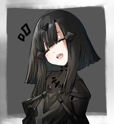  anna_(girls&#039;_frontline) black_hair blunt_bangs blush border closed_eyes female girls&#039;_frontline grey_background grey_border hair_ornament medium_hair nyto_(girls&#039;_frontline) o294468199 open_mouth outside_border paradeus protected_link short_hair_with_long_locks sidelocks simple_background smile solo teeth 