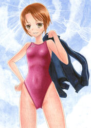  asics blue_sky bob_cut breasts brown_hair cloud collarbone colored_pencil_(medium) competition_swimsuit cowboy_shot female grin gym_uniform hand_on_own_hip hidaka_medaka highleg highres jacket looking_at_viewer medium_breasts one-piece_swimsuit outdoors photoshop_(medium) school_uniform short_hair sidelocks sky smile solo split_mouth standing sunlight swimsuit thighs tomboy track_jacket track_suit traditional_media yellow_eyes 