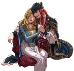  1boy absurdres arm_around_back blonde_hair blue_dress breasts cleavage closed_eyes couple dress ebinku female fire_emblem fire_emblem:_the_sacred_stones highres holding_hands husband_and_wife jewelry joshua_(fire_emblem) long_hair natasha_(fire_emblem) red_hair ring sitting sitting_on_lap sitting_on_person straight wedding_ring 