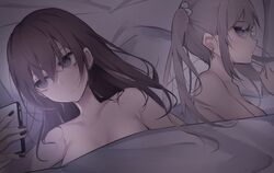  2girls bad_id bad_twitter_id bed_sheet black_nails brown_eyes brown_hair cellphone collarbone commentary_request ear_piercing earrings fingernails grey_hair highres holding holding_phone jewelry kazakami_saaya long_hair looking_away looking_to_the_side multiple_girls nail_polish naked_sheet phone piercing pillow profile purple_eyes sakura_no_sekai tsuruse twintails under_covers upper_body utsumi_sakura yuri 