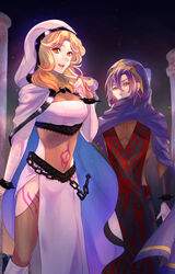  1boy blonde_hair blue_cape breasts cape chains cleavage cloak corruption dark_persona female fire_emblem fire_emblem:_the_sacred_stones highres knoll_(fire_emblem) large_breasts long_hair looking_at_viewer natasha_(fire_emblem) purple_hood red_eyes riou_(pooh920) smile white_hood 