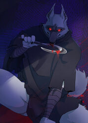  anthro blood blood_on_weapon bodily_fluids canid canine canis carduelis claws clothed clothing death_(puss_in_boots) dreamworks fur glowing glowing_eyes hi_res holding_object holding_weapon hooded_cloak licking_blood looking_at_viewer male mammal puss_in_boots_(dreamworks) red_eyes sickle sitting solo weapon white_body white_fur wolf wraps wrist_wraps 