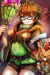  archfiend_marmot_of_nefariousness aussa_(yu-gi-oh!) belt breasts brown_eyes brown_hair brown_robe buck_teeth claws closed_eyes duel_monster english_commentary familiar-possessed_-_aussa female glasses green_sweater hatano_kiyoshi holding holding_staff hood hood_down hooded_robe horns ribbed_sweater ribbon robe short_hair shorts single_horn smile staff sweater teeth turtleneck wings yu-gi-oh! 