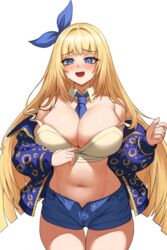  :d absurdres bare_shoulders between_breasts blonde_hair blue_eyes blue_jacket blue_shorts blush breasts camisole cankofi&#039;s_character cleavage commission cowboy_shot crop_top detached_collar dungeon_and_fighter female hair_ribbon highres huge_breasts jacket long_hair long_sleeves looking_at_viewer midriff navel necktie necktie_between_breasts nose_blush oerba_yun_fang off_shoulder open_clothes open_fly open_jacket open_mouth original p-gnesium ribbon second-party_source shirt short_shorts shorts sleeveless sleeveless_shirt smile solo spaghetti_strap standing stomach strap_slip thigh_gap thighs very_long_hair yellow_shirt 