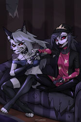  4_toes angry anthro armwear avian beak bird black_body black_fur black_nose breasts canid canid_demon canine canis carpet clenched_teeth clothing collar controller crossed_legs demon detailed_background duo ear_piercing eyebrow_piercing eyebrows eyelashes facial_piercing feathers feet female female/female fur furniture gaming gesture grey_body grey_fur grey_hair hair hat headgear headwear hellhound helluva_boss hi_res holding_object inner_ear_fluff legwear long_hair long_tail loona_(helluva_boss) mammal multicolored_body multicolored_fur narrowed_eyes navel notched_ear octavia_(helluva_boss) on_sofa open_mouth owl owl_demon piercing playing_videogame pointing red_sclera roksodraws sitting sofa spiked_collar spikes tail tail_feathers teeth toes tongue topwear tuft watermark white_body white_eyes white_fur white_hair wolf wood_floor 