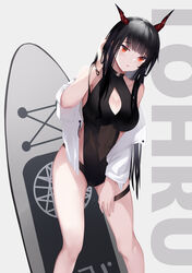  .l.l absurdres bare_shoulders black_hair black_leotard breasts chinese_commentary cleavage cleavage_cutout clothing_cutout collarbone commentary feet_out_of_frame female grey_background hand_up highres horns large_breasts leotard long_hair looking_at_viewer navel off_shoulder open_clothes open_shirt original parted_lips red_eyes revision see-through shirt solo standing very_long_hair white_shirt 