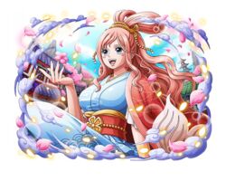  architecture blue_eyes blue_sky cherry_blossoms cherry_tree east_asian_architecture female japanese_clothes long_hair mermaid monster_girl official_art one_piece one_piece_treasure_cruise open_mouth pink_hair shirahoshi sky solo teeth transparent_background tree 