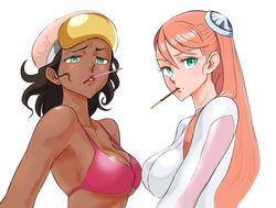  2girls aida_rayhunton aobito_sukoyaka_bystander bikini blush breasts brown_hair cleavage collarbone confused dark-skinned_female dark_skin food food_in_mouth from_side goggles goggles_on_head green_eyes gundam gundam_g_no_reconguista hair_behind_ear highres looking_at_viewer medium_breasts multiple_girls orange_hair pink_bikini pocky steer swimsuit white_background 