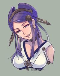  bare_shoulders breasts choker comb double_bun earrings female fire_emblem fire_emblem_fates hair_bun japanese_clothes jewelry large_breasts looking_at_viewer medium_hair orochi_(fire_emblem) purple_eyes purple_hair smug suikomu_now upper_body 