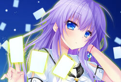  adjusting_hair black_neckwear blue_background blue_eyes blush bracelet chibinon close-up clothing_cutout collared_shirt commentary_request expressionless eyelashes eyes_visible_through_hair female hair_between_eyes index_finger_raised jewelry long_hair parted_lips puffy_short_sleeves puffy_sleeves purple_hair sailor_collar sailor_shirt school_uniform shirt short_sleeves sidelocks simple_background solo sorakado_ai summer_pockets upper_body very_long_hair white_sailor_collar white_shirt 