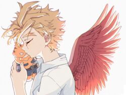  1boy aged_down blonde_hair boku_no_hero_academia character_doll closed_eyes collared_shirt doll endeavor_(boku_no_hero_academia) facial_mark feathered_wings feathers hawks_(boku_no_hero_academia) head_down holding holding_doll male_focus miso_(mimimiso) red_feathers shirt short_hair solo spread_wings white_background white_shirt wind wings 