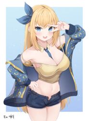  :d absurdres arm_up armpits bad_id bad_pixiv_id bare_shoulders between_breasts blonde_hair blue_eyes blue_jacket blue_shorts border breasts camisole cankofi&#039;s_character cleavage commission cowboy_shot crop_top detached_collar dungeon_and_fighter female hair_ribbon hand_on_own_hip highres jacket large_breasts long_hair long_sleeves looking_at_viewer midriff navel necktie necktie_between_breasts nonddu off_shoulder open_clothes open_fly open_jacket open_mouth original ribbon shirt short_shorts shorts sleeveless sleeveless_shirt smile solo spaghetti_strap standing stomach strap_slip thighs v very_long_hair white_border yellow_shirt 