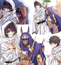  1boy animal_ears black_hair blue_eyes blush bracelet closed_eyes command_spell commentary_request dark-skinned_female dark_skin earrings egyptian egyptian_clothes facepaint facial_mark fate/grand_order fate_(series) female fujimaru_ritsuka_(male) hair_rings hair_tubes highres hooded_robe hoop_earrings jackal_ears jewelry laughing loincloth long_hair midriff multiple_views navel nitocris_(fate) nm222 purple_eyes purple_hair revealing_clothes robe sidelocks very_long_hair 