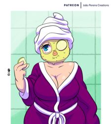  anthro bathrobe bathrobe_only breasts cleavage clothed clothing cucumber domestic_pig female food fruit hi_res joaoppereiraus mammal mud_mask plant robe signature solo suid suina sus_(pig) sylvia_(joaoppereiraus) towel towel_on_head vegetable 