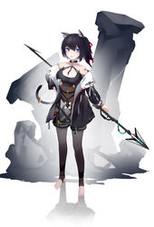  .l.l :d absurdres animal_ear_fluff animal_ears bare_shoulders black_hair black_jacket black_pantyhose black_shorts breasts cat_ears cat_girl cat_tail cleavage cleavage_cutout clothing_cutout collarbone eyebrows_hidden_by_hair female full_body hair_between_eyes hair_ribbon hand_on_own_hip highres holding holding_polearm holding_weapon jacket long_sleeves md5_mismatch medium_breasts no_shoes off_shoulder one_side_up open_mouth original pantyhose polearm puffy_long_sleeves puffy_sleeves red_ribbon reflection revision ribbon short_shorts shorts smile solo spear standing stirrup_legwear tail teeth toeless_legwear upper_teeth_only v-shaped_eyebrows weapon white_background 