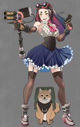  :d aiming bare_shoulders black_hair black_thighhighs blue_skirt boots breasts butcha-u canine colored_inner_hair corset dual_wielding elbow_gloves female frilled_skirt frills full_body garter_straps gloves goggles goggles_on_head grey_background gun handgun highres holding holding_gun holding_weapon legs_apart long_hair looking_at_viewer medium_breasts medium_skirt multicolored_hair open_mouth original purple_hair quilted_clothes shiba_inu shoes short_eyebrows signature simple_background skirt sleeveless sleeveless_turtleneck smile sneakers solo standing thick_eyebrows thighhighs trigger_discipline turtleneck two-tone_hair weapon wide_hips yellow_eyes zettai_ryouiki 