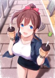  blue_eyes blurry breasts brown_hair bubble_tea cai_geng chalkboard_sign chupacabra_(idolmaster) collarbone cup depth_of_field disposable_cup drinking_straw female foreshortening highres holding holding_cup idolmaster idolmaster_million_live! jacket large_breasts long_hair open_mouth pavement pencil_skirt ponytail ribbon road satake_minako skirt solo street 