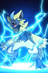  2019 2:3 3_toes 4_fingers ambiguous_gender anthro claws cool_colors electricity electricity_manipulation elemental_manipulation feet fingers fur generation_7_pokemon hi_res katahane3 legendary_pokemon multicolored_body nintendo open_mouth pawpads pokemon pokemon_(species) sharp_teeth solo teeth toes tongue yellow_body yellow_fur zeraora 