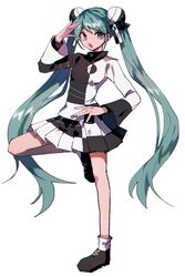  :o aqua_eyes aqua_hair bad_id bad_twitter_id black_shirt black_skirt commentary conflict_(module) danjou_sora double_bun female frilled_skirt frills full_body hair_bun hand_on_own_hip hand_up hatsune_miku highres leg_up long_hair long_sleeves looking_at_viewer miniskirt open_mouth project_diva_(series) shirt skirt solo standing twintails two-tone_shirt two-tone_skirt ura-omote_lovers_(vocaloid) very_long_hair vocaloid white_background white_shirt white_skirt wide_sleeves 