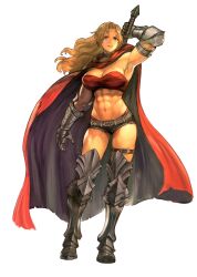  abs absurdres armlet armor belt blonde_hair blue_eyes breasts cape cleavage cloak female gauntlets greatsword greaves highres jewelry large_breasts long_hair muscular muscular_female sabaton short_shorts shorts solo sword the_vagrant undertow6150 vivian_the_vagrant weapon white_background 