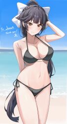  absurdres aftamc arm_behind_back azur_lane beach bikini black_bikini black_hair blue_sky blush bow breasts brown_eyes cleavage closed_mouth cloud commentary commission commissioner_name day english_commentary female hair_flaps hairbow hand_up highres large_breasts long_hair navel ocean outdoors ponytail second-party_source side-tie_bikini_bottom sky smile solo standing swimsuit takao_(azur_lane) thank_you 