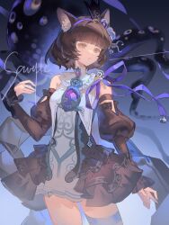  animal_ears blunt_bangs brown_eyes brown_hair brown_sleeves commission cowboy_shot detached_sleeves dress flowerpothiru gem hair_ornament hairband highres long_sleeves looking_afar original parted_lips purple_gemstone purple_hairband purple_ribbon ribbon sample_watermark short_hair tentacle thigh_strap watermark 