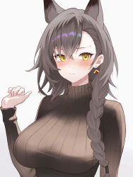  absurdres animal_ears arknights blush braid breasts brown_hair brown_sweater closed_mouth commentary_request dr.lamina female grey_background hair_behind_ear hair_between_eyes hand_up highres large_breasts long_hair long_sleeves looking_at_viewer mole mole_above_eye official_alternate_costume partial_commentary penance_(arknights) penance_(occasionally_flushed)_(arknights) ribbed_sweater solo sweater turtleneck turtleneck_sweater upper_body yellow_eyes 