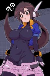  ? ?? absurdres aile_(mega_man_zx) black_bodysuit black_eyes blue_jacket blush bodysuit bodysuit_under_clothes breasts brown_hair buzzlyears clothes_pull commentary_request covered_navel cowboy_shot cropped_jacket female grey_background highres jacket large_breasts long_hair looking_down mega_man_(series) mega_man_zx mega_man_zx_advent open_clothes open_jacket ponytail ringed_eyes shorts shorts_pull solo white_shorts 