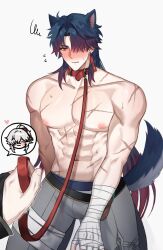  2boys abs ahoge animal_ear_fluff animal_ears bandaged_arm bandaged_hand bandaged_leg bandages bandages_over_clothes belt black_belt blade_(honkai:_star_rail) blue_hair blush chibi collarbone dog_boy dog_ears dog_tail earrings flying_sweatdrops gradient_hair grey_pants hair_intakes hair_over_one_eye heart highres holding holding_leash honkai:_star_rail honkai_(series) jewelry jing_yuan kneeling leash long_hair long_sleeves looking_at_viewer male_focus multicolored_hair multiple_boys multiple_scars navel nipples nose_blush pants parted_bangs parted_lips pectorals pov pov_hands red_eyes red_hair scar scar_on_arm scar_on_chest scar_on_shoulder seum_(kao_husband) simple_background speech_bubble spoken_character squiggle stomach sweat tail topless_male viewer_holding_leash white_background 