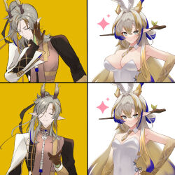  1boy alternate_breast_size alternate_costume animal_ears arknights bare_shoulders blonde_hair breasts brown_robe cleavage closed_eyes closed_mouth colored_extremities commentary_request detached_collar dr.lamina dragon_girl dragon_horns drakeposting_(meme) fake_animal_ears female grey_hair hair_between_eyes hand_on_own_hip highres horns large_breasts leotard long_hair long_sleeves looking_at_viewer meme multicolored_hair necktie partial_commentary playboy_bunny pointing pointy_ears purple_hair robe short_necktie shu_(arknights) small_breasts smile sparkle strapless strapless_leotard white_leotard yellow_necktie zhi_(arknights) 