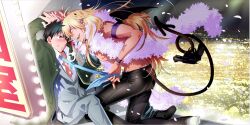  2boys black_hair blonde_hair blush clothes_grab cuffs demon_boy demon_horns demon_tail dog_tags falling_petals fangs feather_boa green_jacket grey_suit handcuffs highres horns jacket jewelry kneeling leather leather_pants long_hair male_focus multiple_boys necklace necktie necktie_grab neckwear_grab original pants partially_unbuttoned petals pinned short_hair sitting suit tail topless_male unbuttoned unbuttoned_shirt very_long_hair watashiya_kaworu wide_shot yaoi 