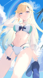  absurdres aizawa_ema aizawa_ema_(vspo!_summer_2024) aqua_bikini aqua_hair ass_visible_through_thighs bikini blonde_hair blue_bow blue_eyes blue_gemstone blue_hair blue_sky blunt_bangs bow bow_bikini breasts bridal_garter cat_hair_ornament choker closed_mouth cloud contrail detached_sleeves earrings female frilled_bikini frills from_below garter_straps gem gradient_hair hair_flaps hair_intakes hair_ornament hairclip hand_on_own_head highres holding holding_footwear holding_unworn_clothes izumi_iro jewelry lace lace-trimmed_bikini lace_choker lace_trim large_breasts lens_flare light_smile long_hair looking_at_viewer multi-strapped_bikini_bottom multi-strapped_bikini_top multicolored_hair navel rainbow see-through_clothes see-through_sleeves single_garter_strap sky slippers solo star_(symbol) star_earrings star_hair_ornament stomach swimsuit two-tone_bikini very_long_hair virtual_youtuber vspo! white_bikini white_choker 