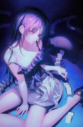  andi_1021 animal breasts cleavage closed_mouth dominoes dress expressionless feline female fingernails heterochromia highres holding long_hair medium_breasts nail_polish original pink_eyes pink_nails purple_dress purple_eyes purple_hair sitting solo 