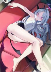  ass bare_arms bare_legs bare_shoulders barefoot black_panties blue_archive blush couch demon_girl demon_horns feet female grey_hair highres hina_(blue_archive) horns indoors long_hair looking_at_viewer lying on_side panties pencil_skirt purple_eyes rui_rubellent skirt sleeveless smile solo underwear very_long_hair 