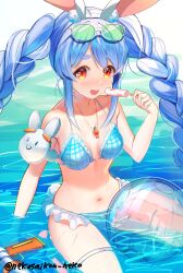  animal_ears arm_support ball bikini blue_bikini blue_hair blush braid breasts eyewear_on_head female food frilled_bikini frills highres holding holding_food holding_popsicle hololive looking_at_viewer navel nekosaikou open_mouth orange_eyes partially_submerged pekomon_(usada_pekora) plaid_bikini plaid_clothes popsicle rabbit_ears rabbit_girl sitting small_breasts solo stomach sunglasses swimsuit twin_braids twitter_username usada_pekora virtual_youtuber water water_gun whistle whistle_around_neck 