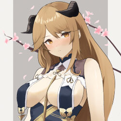  alternate_costume arknights bare_shoulders between_breasts black_horns blush branch breast_curtain breast_curtains breasts brown_eyes brown_hair cherry_blossoms closed_mouth commentary_request dr.lamina female flower grey_background hair_between_eyes highres horns large_breasts long_hair looking_at_viewer meteorite_(arknights) ornamental_weight partial_commentary petals pink_flower revealing_clothes simple_background solo upper_body 