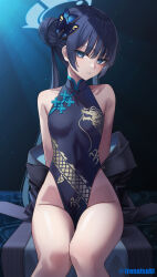  bare_legs bare_shoulders black_dress black_hair blue_archive blue_eyes blush breasts butterfly_hair_ornament china_dress chinese_clothes coat commentary_request double_bun dragon_print dress female grey_coat hair_bun hair_ornament halo highres ironatsuki kisaki_(blue_archive) long_hair long_sleeves looking_at_viewer parted_lips partial_commentary pelvic_curtain sitting sleeveless sleeveless_dress small_breasts solo thighs 