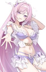  bare_shoulders bikini breasts cleavage collarbone cowboy_shot diamond-shaped_pupils diamond_(shape) elf elysia_(herrscher_of_human:_ego)_(honkai_impact) elysia_(honkai_impact) female hair_ornament heart heart_necklace highres honkai_(series) honkai_impact_3rd jewelry large_breasts long_hair looking_at_viewer multicolored_hair navel necklace official_alternate_costume parted_lips pink_hair pointy_ears purple_bikini purple_eyes simple_background smile solo stomach swimsuit symbol-shaped_pupils thighs tokitamago_(tokita_mago1) two-tone_hair very_long_hair white_background white_hair 