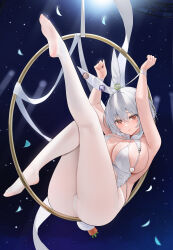  absurdres aerial_hoop animal_ears arms_up ass azur_lane bound bound_wrists brown_eyes carrot closed_mouth commentary_request fake_animal_ears fake_tail female hair_between_eyes highres legs_up leotard looking_at_viewer official_alternate_costume pantyhose qing_wu rabbit_ears rabbit_tail short_hair sirius_(azur_lane) sirius_(rabbit_of_paradise)_(azur_lane) soles solo tail variant_set white_hair white_leotard white_pantyhose 