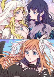  2girls black_hair blonde_hair blue_eyes blush breasts brown_hair cleavage eye_contact final_fantasy final_fantasy_xiv fusion gaia_(ff14) highres holding_hands hood interlocked_fingers looking_at_another multiple_girls parted_lips reitomo ryne_waters upper_body yuri 