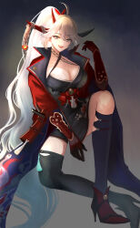  absurdly_long_hair asymmetrical_horns asymmetrical_legwear azur_lane black_socks black_thighhighs breasts cleavage criss-cross_halter female hair_on_horn hakuryuu_(azur_lane) halterneck high_heels high_ponytail highres horns japanese_clothes large_breasts long_hair looking_at_viewer mismatched_horns multiple_horns official_alternate_costume open_mouth red_horns riku_amano1018 simple_background single_sock single_thighhigh socks solo thighhighs very_long_hair white_eyes white_hair white_horns 