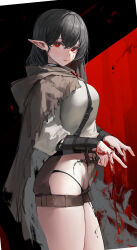  absurdres black_background black_hair blood blood_on_hands brown_cape cape commentary ear_piercing female from_side grey_shirt hair_between_eyes highres hood hooded_cape leviathan_(hikinito0902) long_hair looking_at_viewer original piercing pointy_ears red_background red_eyes shirt solo thighs torn_cape torn_clothes two-tone_background 