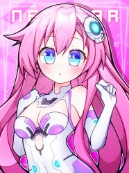  absurdres aijiro83 blue_eyes blush bodysuit breasts character_name commentary female hair_ornament hairclip highres long_hair looking_at_viewer medium_breasts nepgear neptune_(neptunia) neptune_(series) pink_hair power_symbol power_symbol-shaped_pupils purple_sister solo symbol-shaped_pupils white_bodysuit 