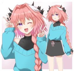  1boy alternate_costume astolfo_(fate) bare_shoulders black_bow black_skirt blush bow braid closed_mouth cowboy_shot double_v fate/apocrypha fate_(series) hair_intakes hairbow highres long_hair male_focus multicolored_hair multiple_views oerba_yun_fang off-shoulder_sweater off_shoulder one_eye_closed open_mouth otoko_no_ko pink_hair purple_eyes single_braid skin_fang skirt smile solo streaked_hair sweater tanutika two-tone_hair upper_body v very_long_hair white_hair 