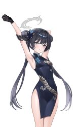  armpits arms_up black_dress black_gloves black_hair blue_archive butterfly_hair_ornament china_dress chinese_clothes covered_navel double_bun dragon_print dress female foka_(beginner) gloves grey_eyes hair_bun hair_ornament halo highres kisaki_(blue_archive) long_hair looking_at_viewer parted_lips simple_background solo sweat white_background 