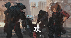  6+boys absurdres aircraft assault_rifle backpack badge bag battlefield black_gloves black_pants black_soldier body_armor brown_hair building chinese_commentary city day english_text exoskeleton female gloves gun handgun headgear headphones helicopter helmet highres holding holding_gun holding_weapon knee_pads looking_down military military_uniform multiple_boys original outdoors pants photoshop_(medium) pouch rifle science_fiction short_hair skyscraper twintails uniform weapon 