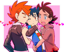  3boys amada black_hair blue_eyes blush border boy_sandwich brown_eyes brown_hair closed_eyes closed_mouth dark-skinned_male dark_skin gary_oak goh_(pokemon) heart hug jacket looking_at_another male_focus multiple_boys one_eye_closed open_mouth outside_border pink_background pokemon pokemon_(anime) pokemon_journeys sandwiched satoshi_(pokemon) shirt short_hair smile t-shirt upper_body white_border wing_collar yaoi 